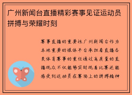 广州新闻台直播精彩赛事见证运动员拼搏与荣耀时刻