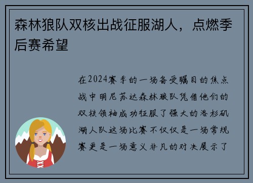 森林狼队双核出战征服湖人，点燃季后赛希望