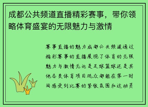 成都公共频道直播精彩赛事，带你领略体育盛宴的无限魅力与激情
